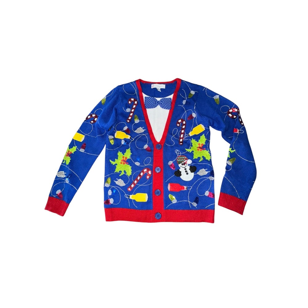 Jolly Sweaters‎ Snowman Candy Cane Faux Buttons Pullover Medium Ugly Sweater